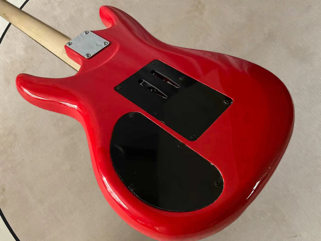Guitarra eléctrica Joe de 6 cuerdas, color rojo brillante, muy popular, con puente FR Tremolo y conector de entrada (y conector de salida) en la parte inferior del cuerpo.