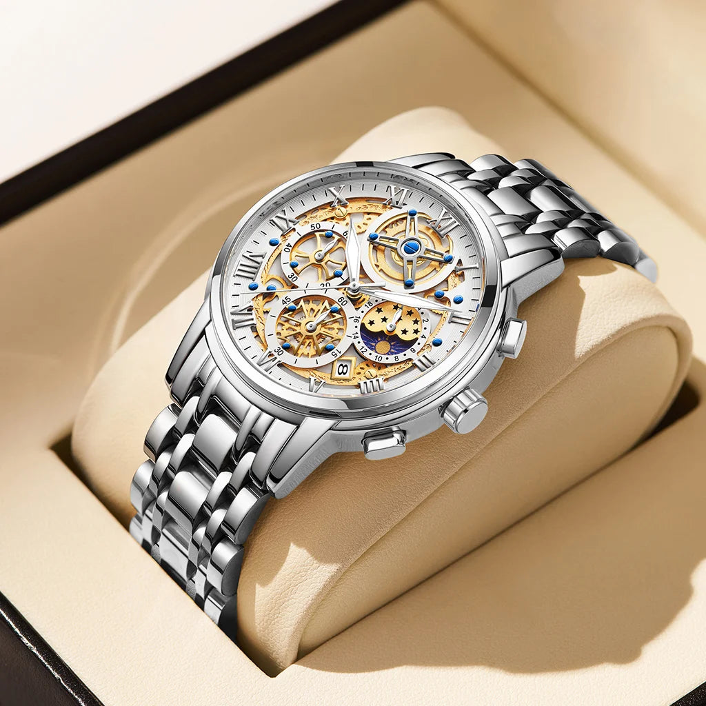 Reloj LIGE 2026 para hombre de acero inoxidable, reloj de cuarzo con fase lunar, resistente al agua, luminoso con calendario, regalo de Halloween