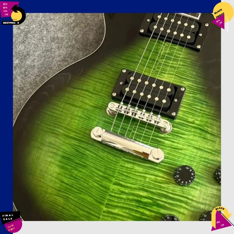Guitarra Eléctrica Vintage con Acabado Green Tiger Flame Burst, Pastillas HH, Herrajes Cromados, Guitarra para Actuaciones en Vivo, Envío Gratis