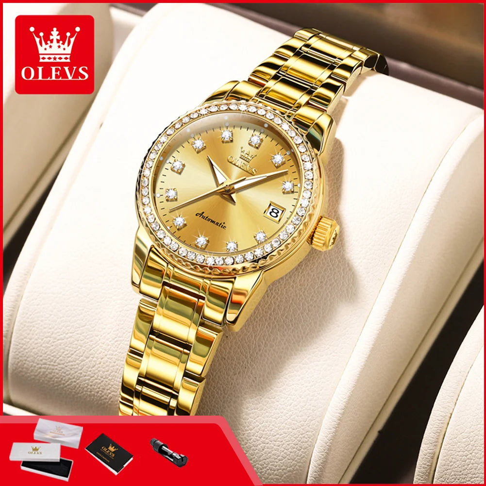 Reloj mecánico para mujer OLEVS 7003, elegante reloj de pulsera con esfera de diamantes de lujo, calendario, resistente al agua y luminoso