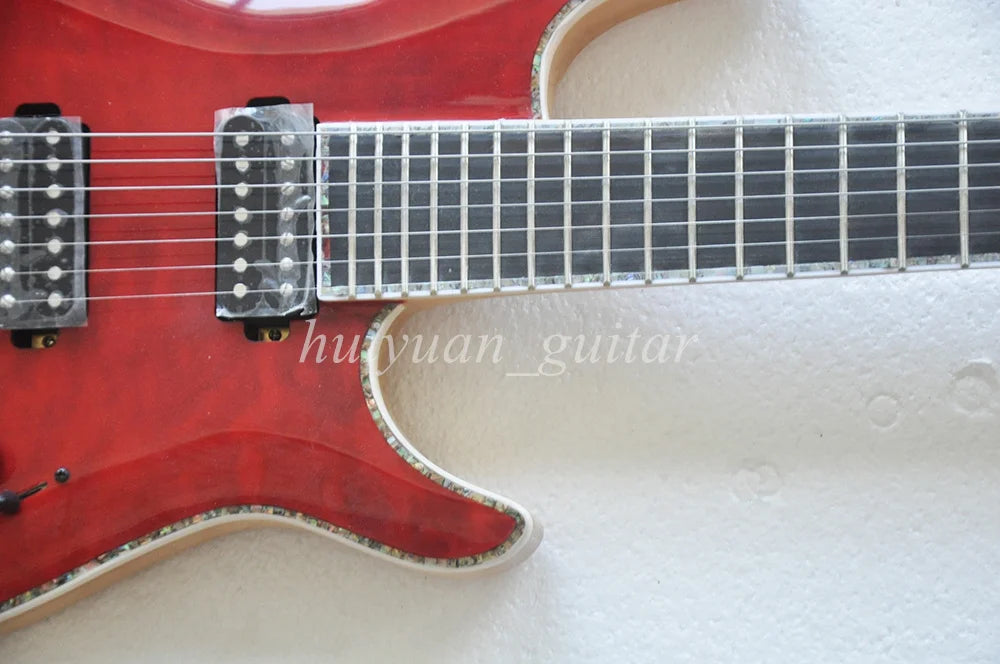 Guitarra Eléctrica Flyoung de 7 Cuerdas, Roja, con Mástil a Través del Cuerpo, Estilo Floyd, con Diapasón de Palisandro, 24 Trastes