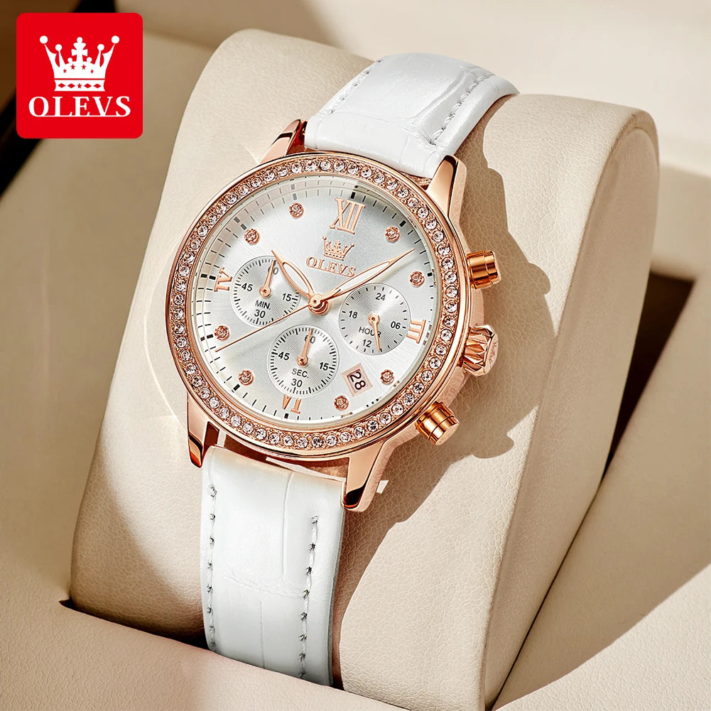 Reloj para mujer OLEVS 9933, marca de lujo, reloj de pulsera de cuarzo con diamantes, resistente al agua, luminoso, correa de cuero, reloj multifunción para dama