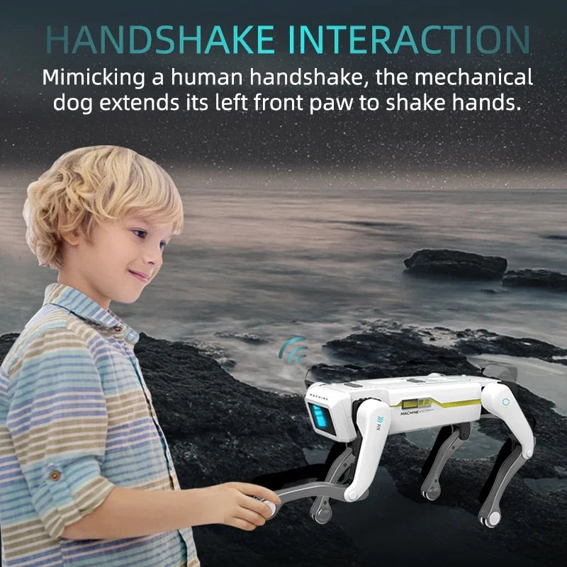 Perro robot RC blanco con patas negras interactuando con niño, garra al frente