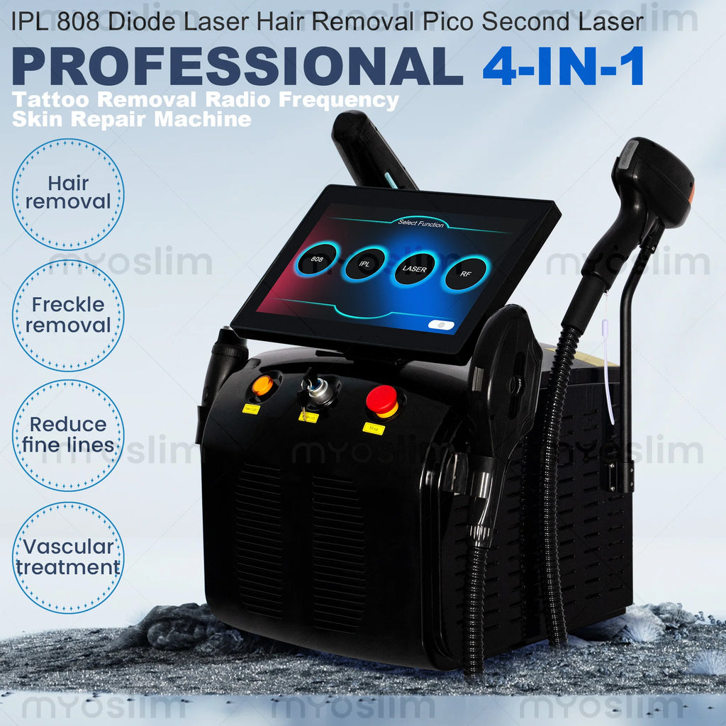 Máquina de Depilación Láser de Diodo 4 en 1 808 Alexandrite 5000W, IPL de Picosegundos, Radiofrecuencia, Reafirmación de la Piel, Eliminación de Tatuajes, Rejuvenecimiento Facial con Fotones