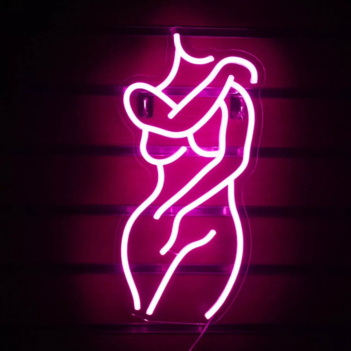 Letrero neón LED de mujer con luz fucsia en estilo lineal