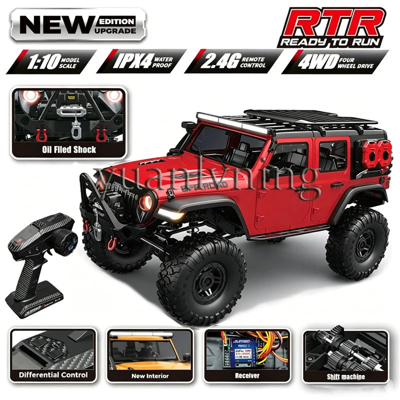 Coche RC 1/10 vehículo a control remoto 2.4G rock crawler de escala completa, camión todoterreno 4WD para escalar con luz LED