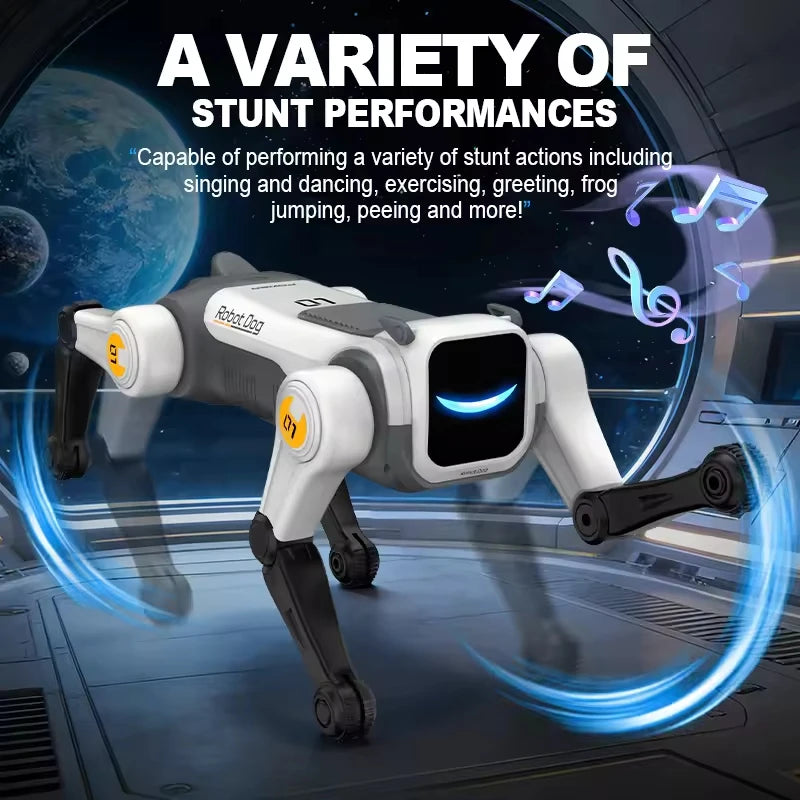 Perro robot RC blanco gris con luces LED azules y ruedas/patas para acrobacias.