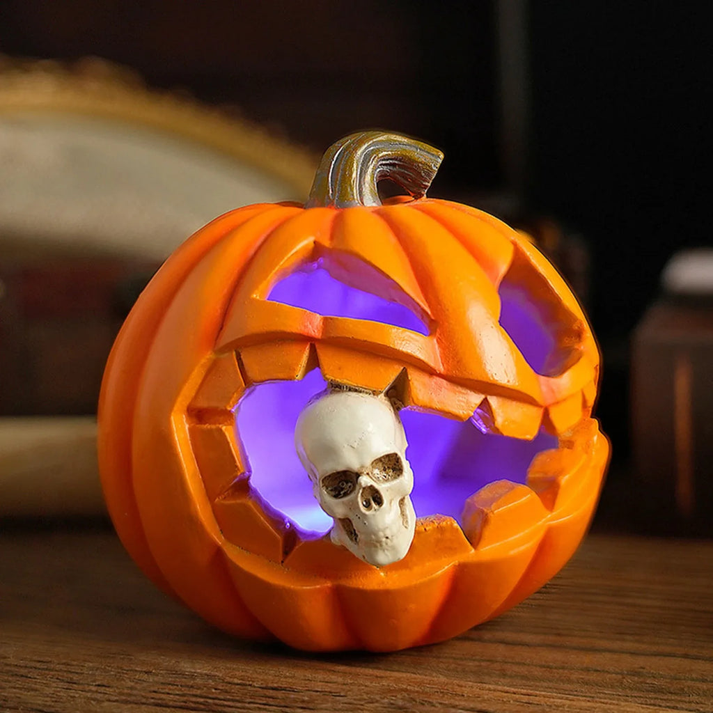 Linterna de calabaza de Halloween con luz LED, estatuas de calavera, adorno brillante de Jack-O-Lantern espeluznante para decoración de mesa de hogar, bar o casa embrujada