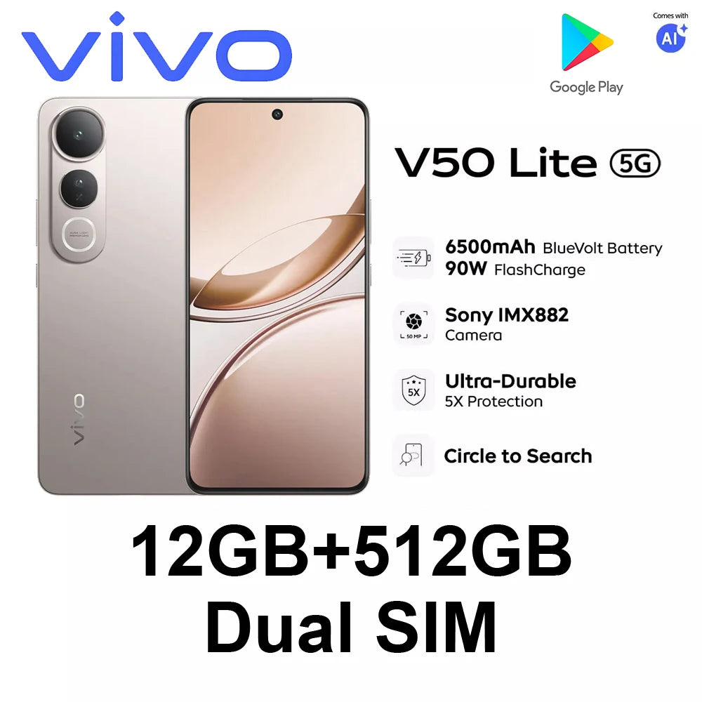 Smartphone VIVO V50 Lite 5G Versión Global 100% Original, pantalla AMOLED de 6.67" a 120Hz, Android 15, compatible con Google Play