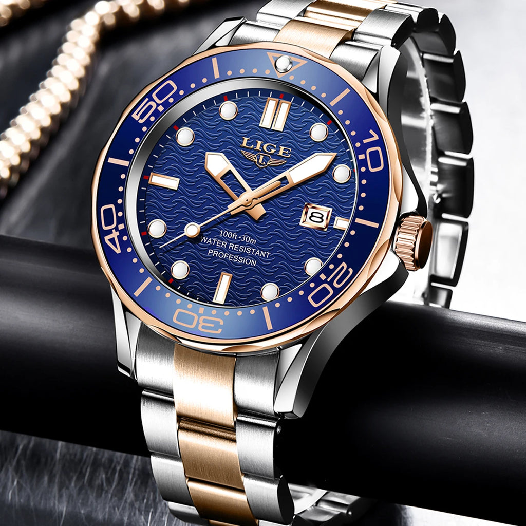 LIGE Luxury Man Wristwatch Waterproof Luminous Date Week Men Clock Stainless Steel Business Men's Watches Quartz Male Reloj