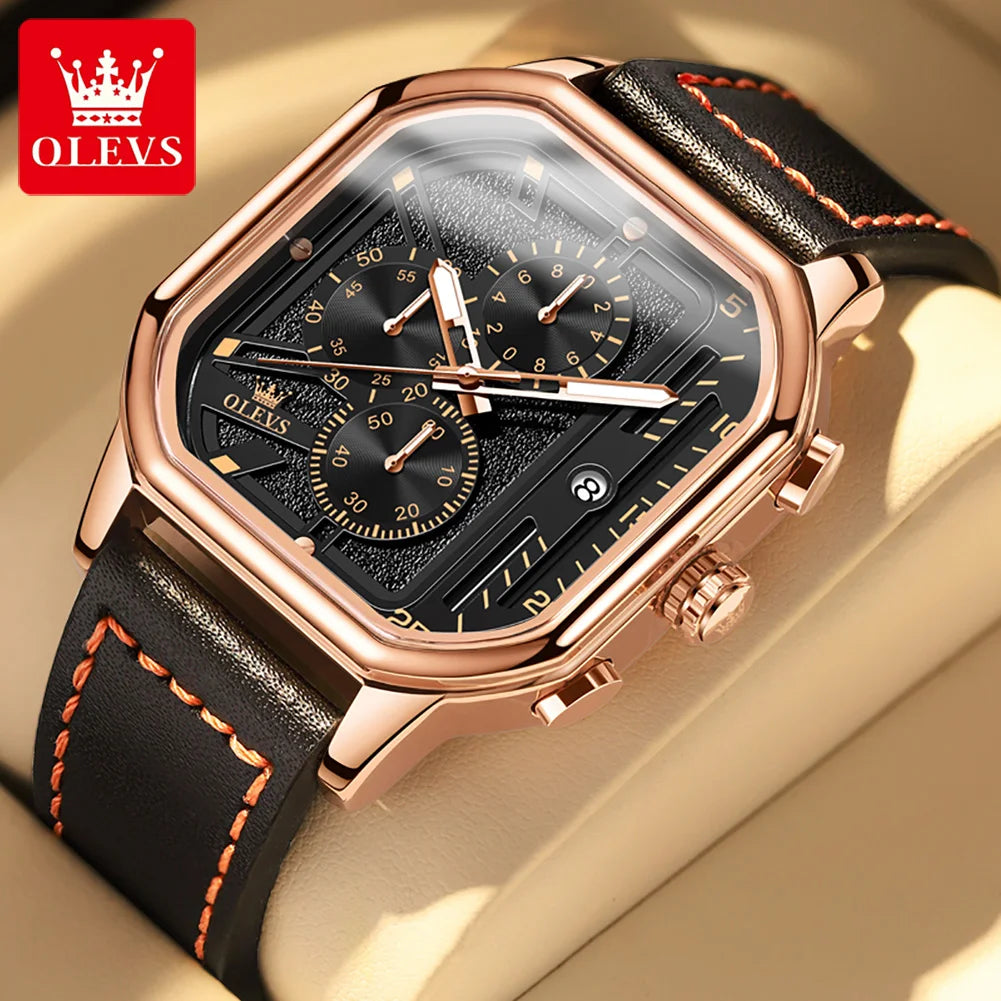 Reloj de pulsera de cuarzo original para hombre OELVS 9950, resistente al agua, luminoso, con correa de piel, cronógrafo, fecha y tres subesferas