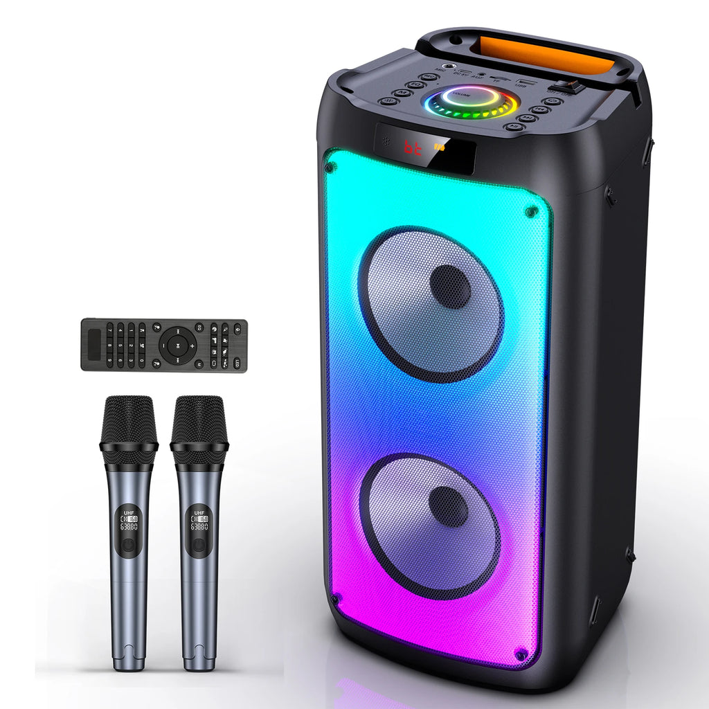 Altavoz Bluetooth inalámbrico, máquina de karaoke con 2 micrófonos, sistema de karaoke para el hogar con luz LED para fiestas, control remoto