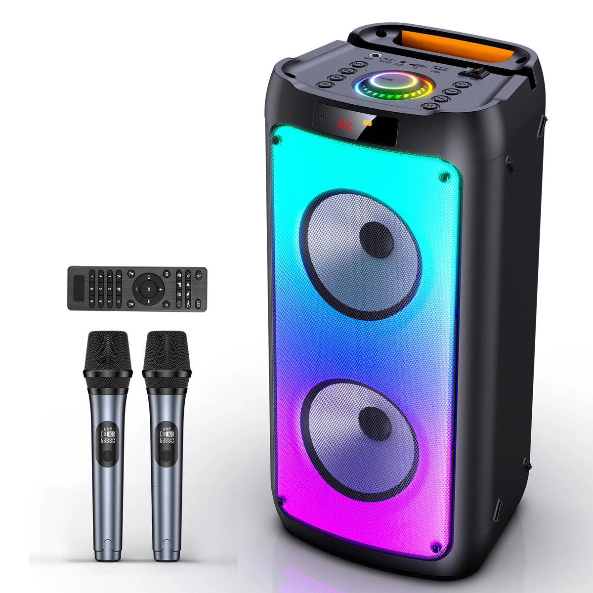 Altavoz Bluetooth inalámbrico, máquina de karaoke con 2 micrófonos, sistema de karaoke para el hogar con luz LED para fiestas, control remoto