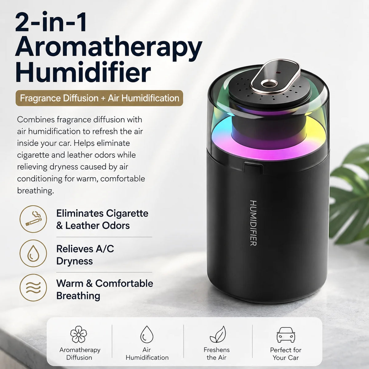 Humidificador portátil 2 en 1 para coche, difusor de aroma, luz LED RGB de colores, silencioso, USB, mini pulverizador de niebla, ambientador y desodorizante para automóvil
