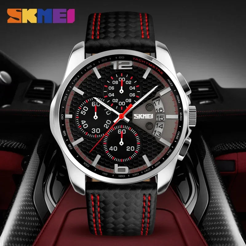 Reloj de pulsera de cuarzo Skmei, marca de lujo con correa de piel, resistente al agua 5Bar, estilo deportivo y elegante para hombre 9106