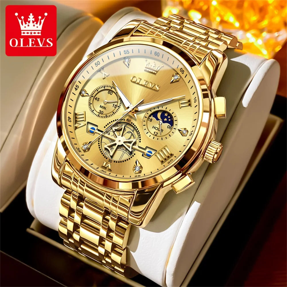 Relojes de cuarzo OLEVS 2856 para hombre, diseño de volante de moda, cronógrafo, resistente al agua, luminoso, calendario, fase lunar, relojes de pulsera para hombre