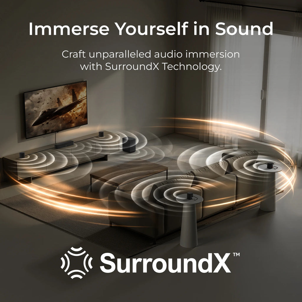 Barra de sonido y subwoofer con tecnología SurrounDX para audio envolvente