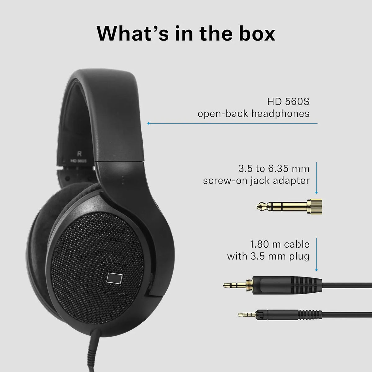 Auriculares abiertos negros con cable y adaptador de 3,5 a 6,35 mm incluidos.