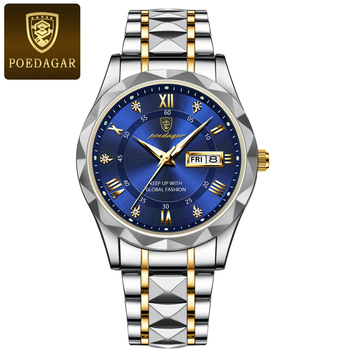 POEDAGAR Reloj de pulsera de cuarzo de lujo para hombre, a la moda, luminoso, resistente al agua, con fecha y día, de acero inoxidable, para negocios
