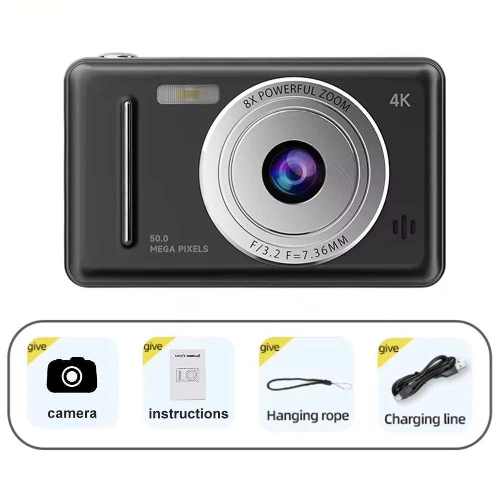 Cámara Digital 4K IPS HD de 50MP con CCD, Pantalla de 2.4 Pulgadas, Autoenfoque, Videocámara para Estudiantes, Cámara Dual 8X y Flash LED para Grabación de Video y Fotos