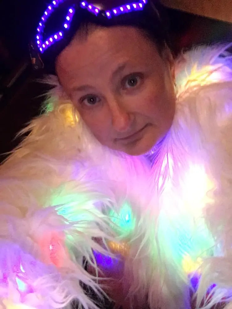 Abrigo de Piel Sintética para Mujer, Disfraz de Cosplay de San Valentín, Chaleco con Capucha LED Multicolor, Chaqueta Brillante con Luces LED para Fiesta y Baile
