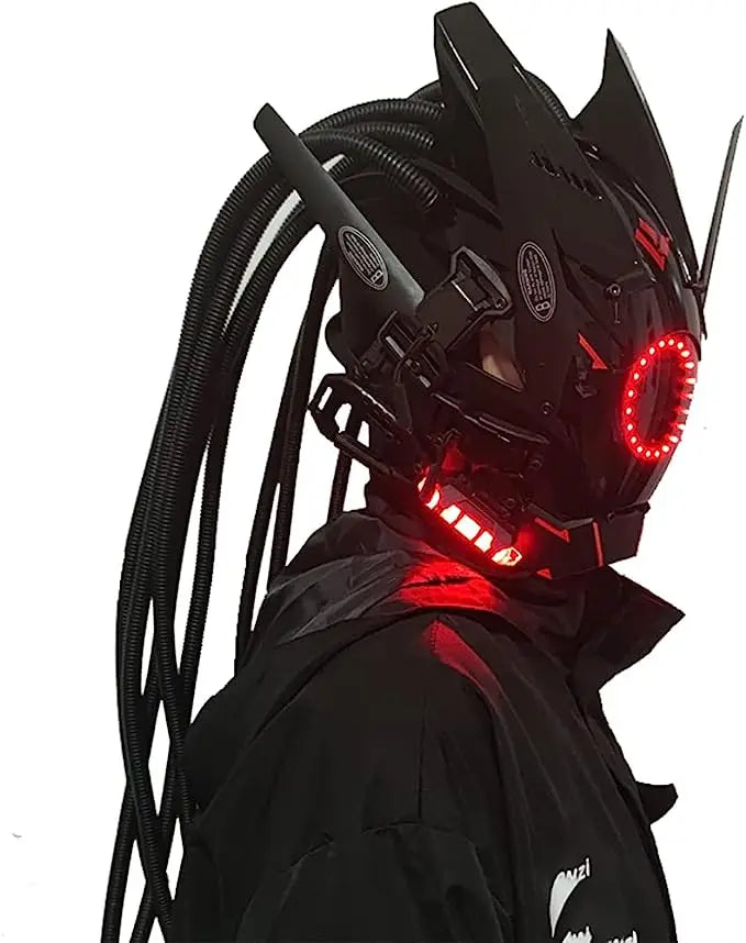 Cyberpunk máscara futurista Techwear, decoración de casco de Cosplay de Halloween con trenza ligera y sucia, Caballero de estilo guerrero japonés Sty