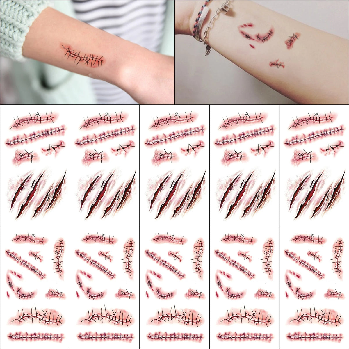 10 hojas de tatuaje temporal para heridas de Terror de Halloween, tatuajes de sangre realistas a prueba de agua, pegatinas de tatuaje de cicatriz de lesiones para cara y manos
