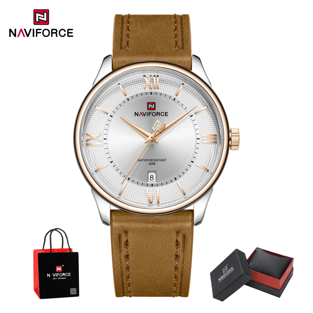 Reloj de cuarzo para hombre NAVIFORCE de negocios, resistente al agua 3ATM, correa de cuero auténtico, visualización de fecha, reloj de pulsera para hombre, caja de regalo