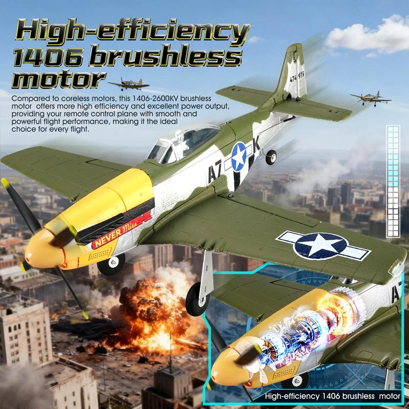 Avión RC 5 canales 3D/6G Ala fija Avión RC P51D Mustang RTF para adultos y principiantes, fácil de volar, motor brushless extraíble, helicóptero de combate