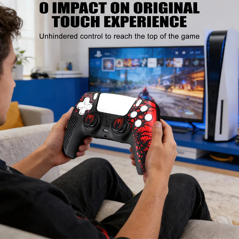 Funda protectora de silicona suave con diseño de araña para mando de PS5, carcasa, pegatinas para panel táctil y kit de agarre para joysticks