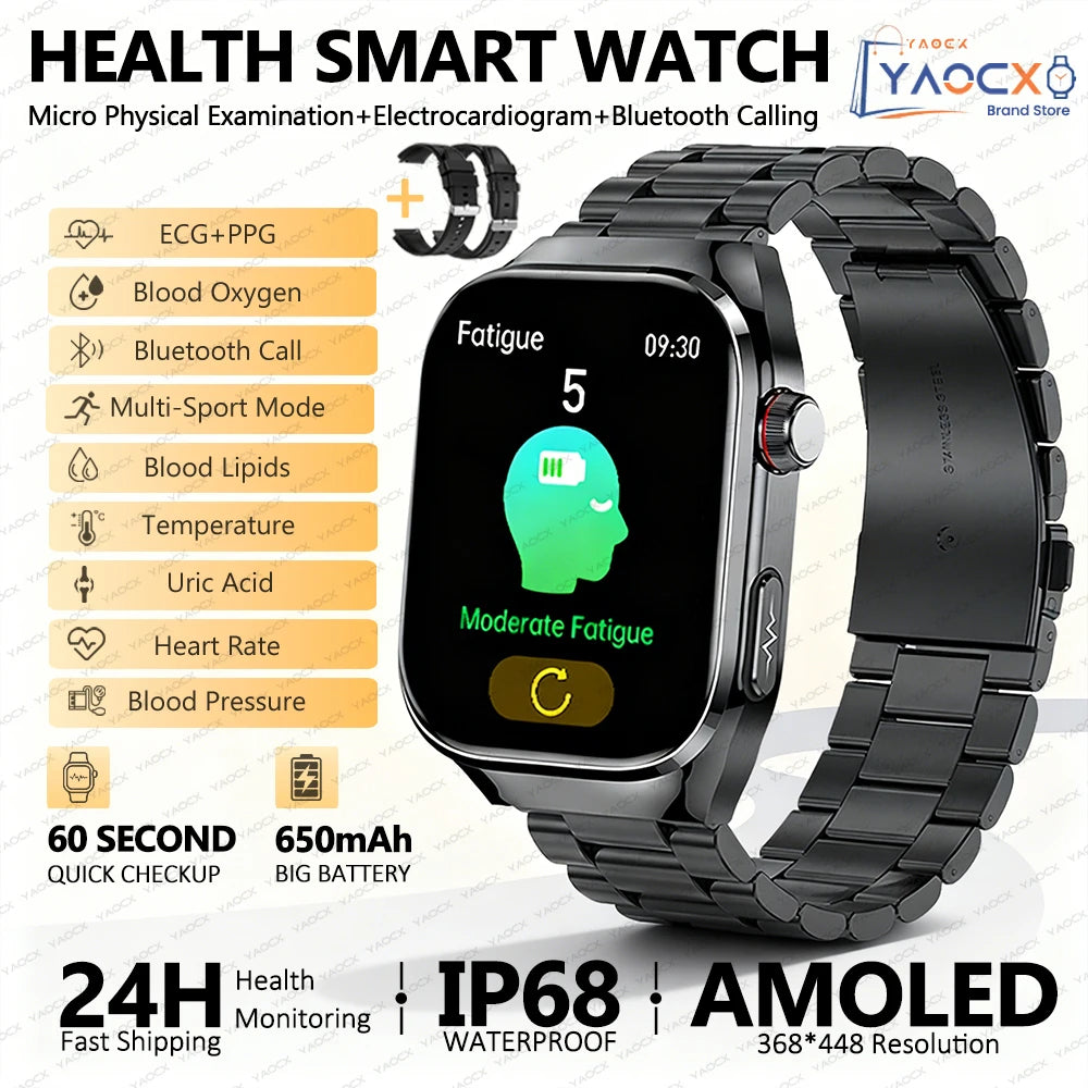 Reloj inteligente para hombre 2026, nuevo modelo con medición de ácido úrico y lípidos en sangre, ECG+PPG, presión arterial, frecuencia cardíaca, llamadas Bluetooth, reloj inteligente de salud