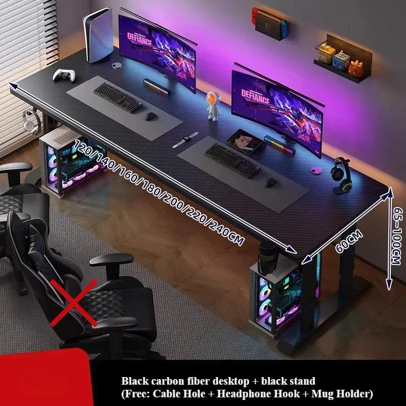 Escritorio gaming con tablero oscuro, luces RGB y base con estructura de soporte