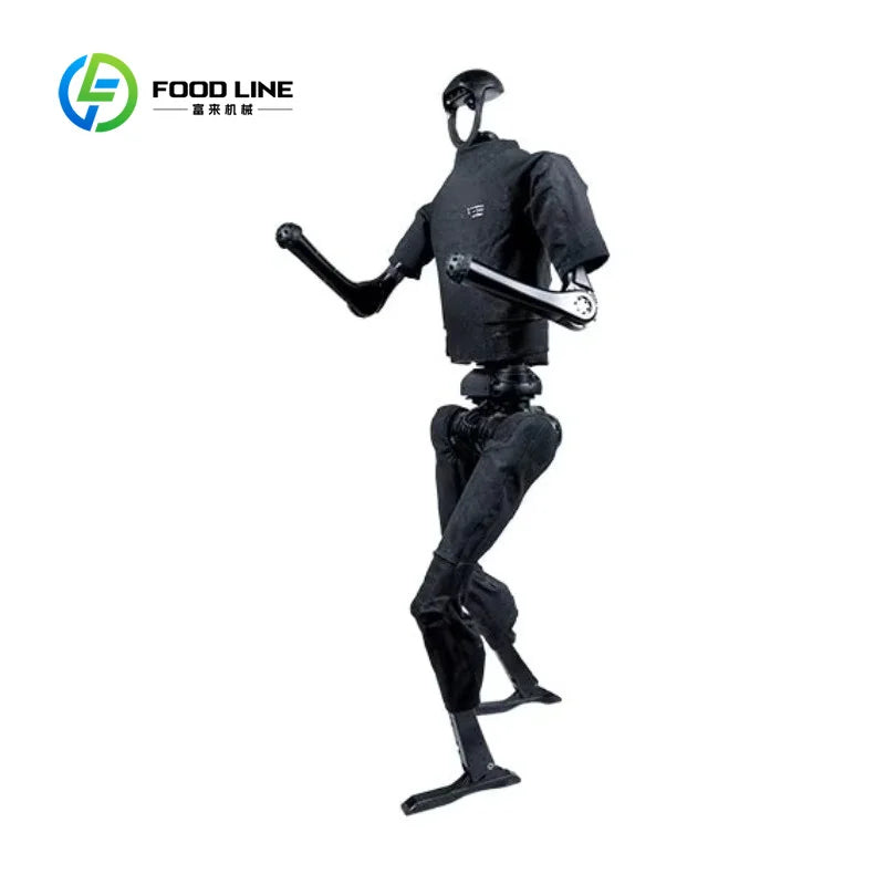 Robot humanoide negro con panel frontal y pose en marcha, brazo extendido y mano abierta.
