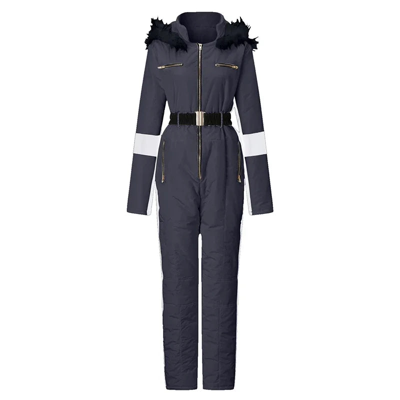 Mono de Esquí con Capucha de Piel para Mujer, con Cinturón en Contraste, Impermeable, con Cremallera, Ropa de Esquí, Traje de Nieve, Deportes de Invierno, Cálido, Nuevo Modelo 2026