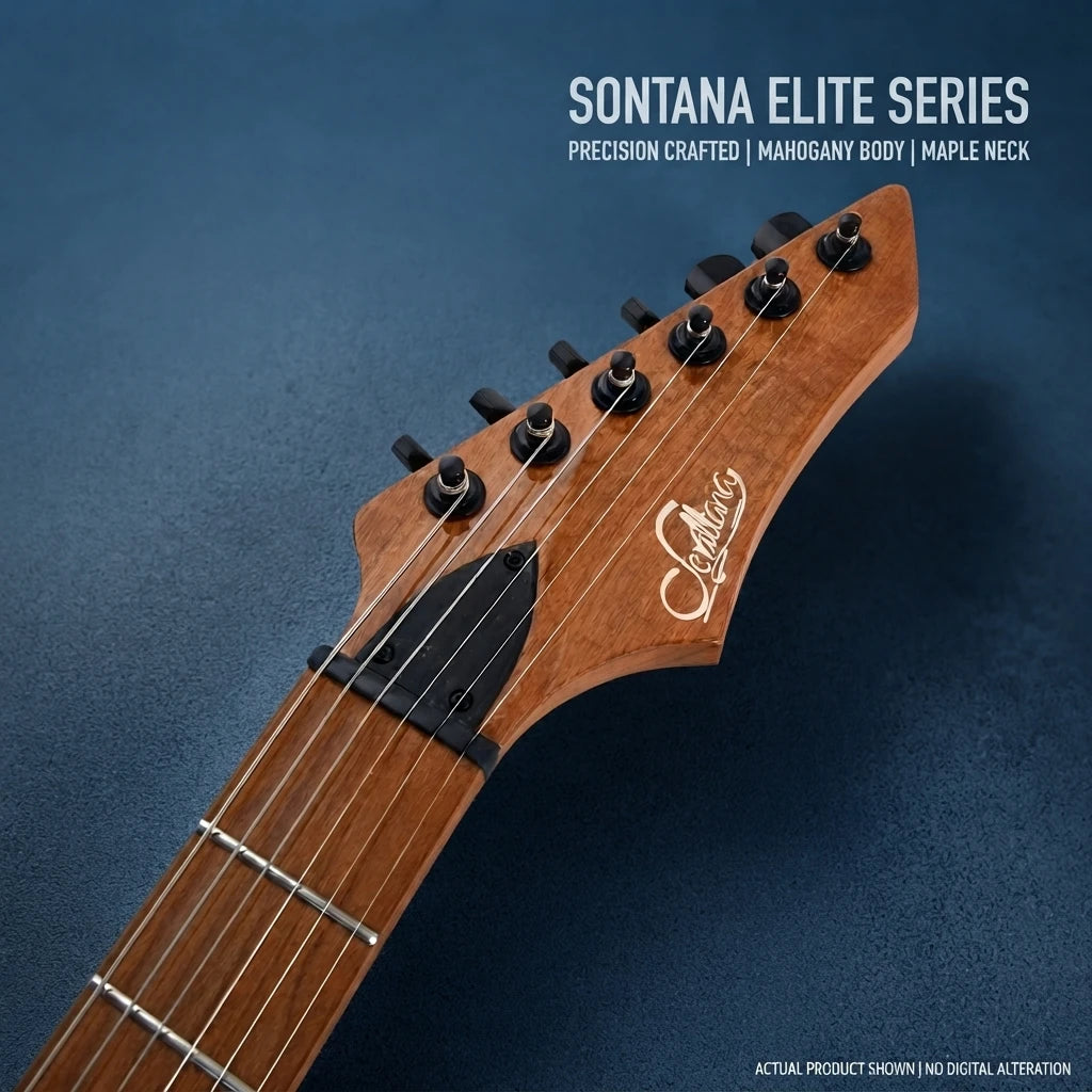 Guitarra eléctrica de estilo rock profesional con acabado brillante, 24 trastes, pastillas HH, herrajes cromados y 6 cuerdas, ideal para músicos que actúan en vivo.