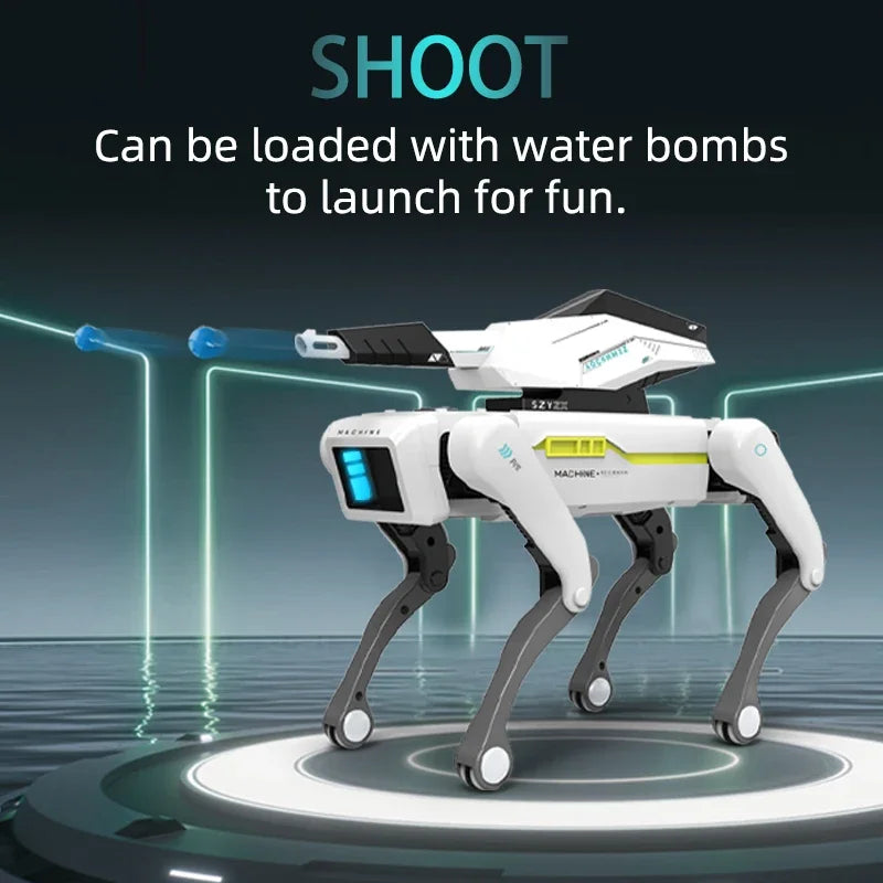 Perro robot RC blanco con patas negras y pantalla azul, disparo frontal