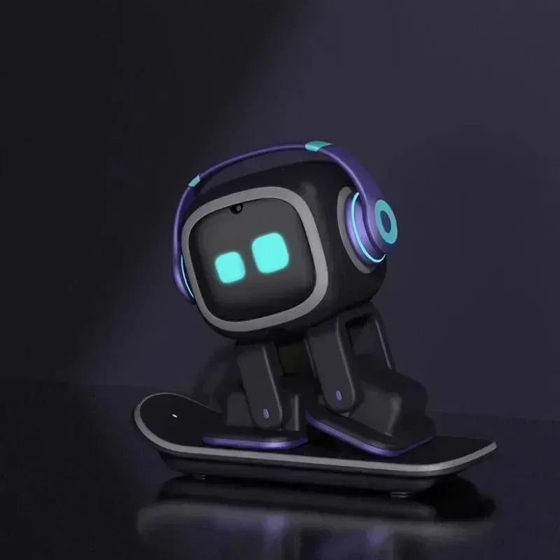 Robot EMO negro con ojos LED azules y auriculares luminosos, vista frontal