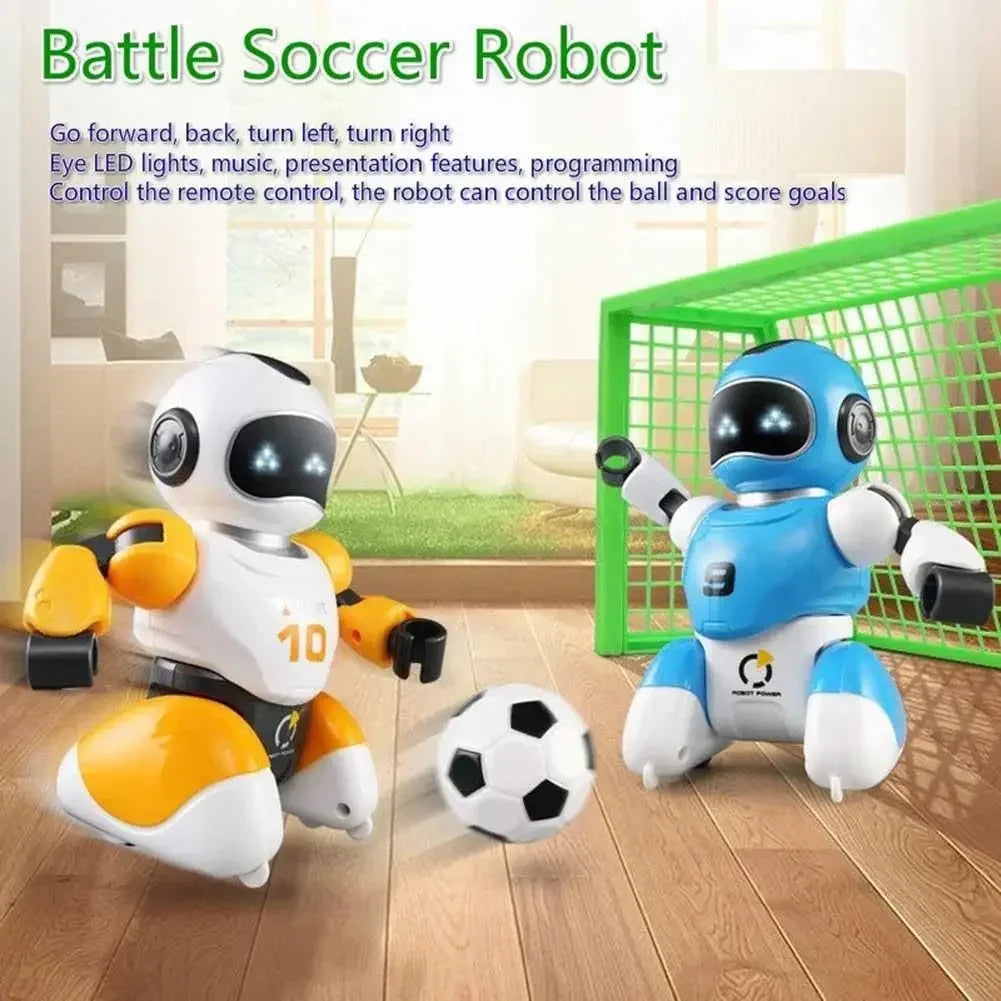 Robot de fútbol RC blanco y naranja con pelota negra, y robot azul con portería verde.