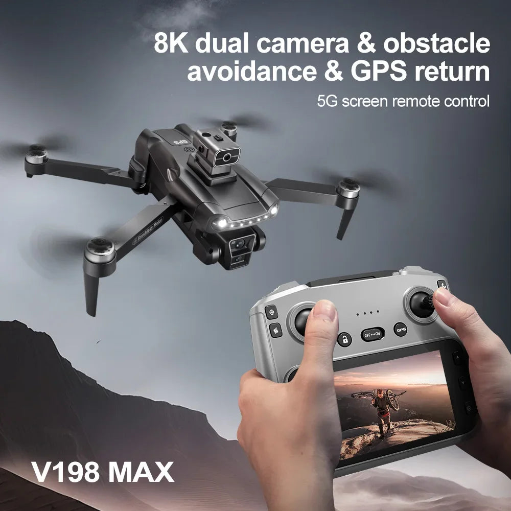 Dron negro con cámara dual y controlador remoto gris en mano
