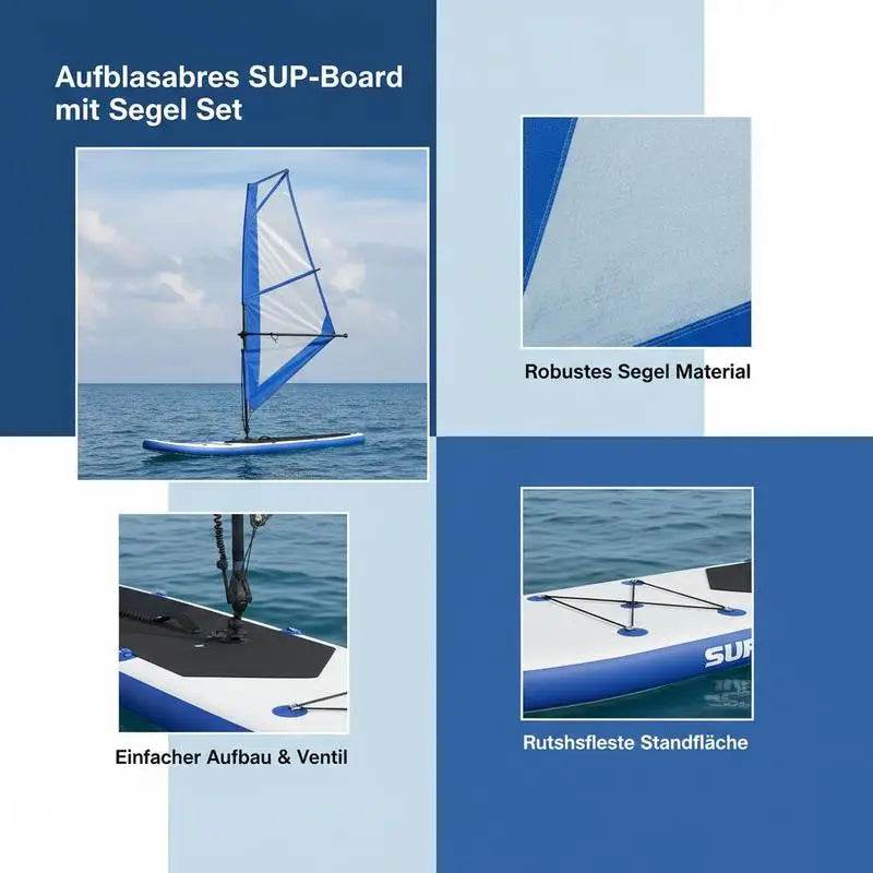 Kit de SUP Inflable con Vela Azul y Blanca, Tabla de Paddle Surf para Lago, Río, Mar, Deportes Acuáticos al Aire Libre, Windsurf, Aventura Familiar, Playa, Camping, Náutica, Ocio, Adultos, Principiantes, Viajes