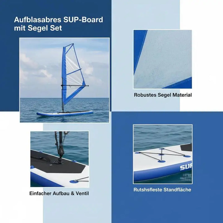 Kit de SUP Inflable con Vela Azul y Blanca, Tabla de Paddle Surf para Lago, Río, Mar, Deportes Acuáticos al Aire Libre, Windsurf, Aventura Familiar, Playa, Camping, Náutica, Ocio, Adultos, Principiantes, Viajes
