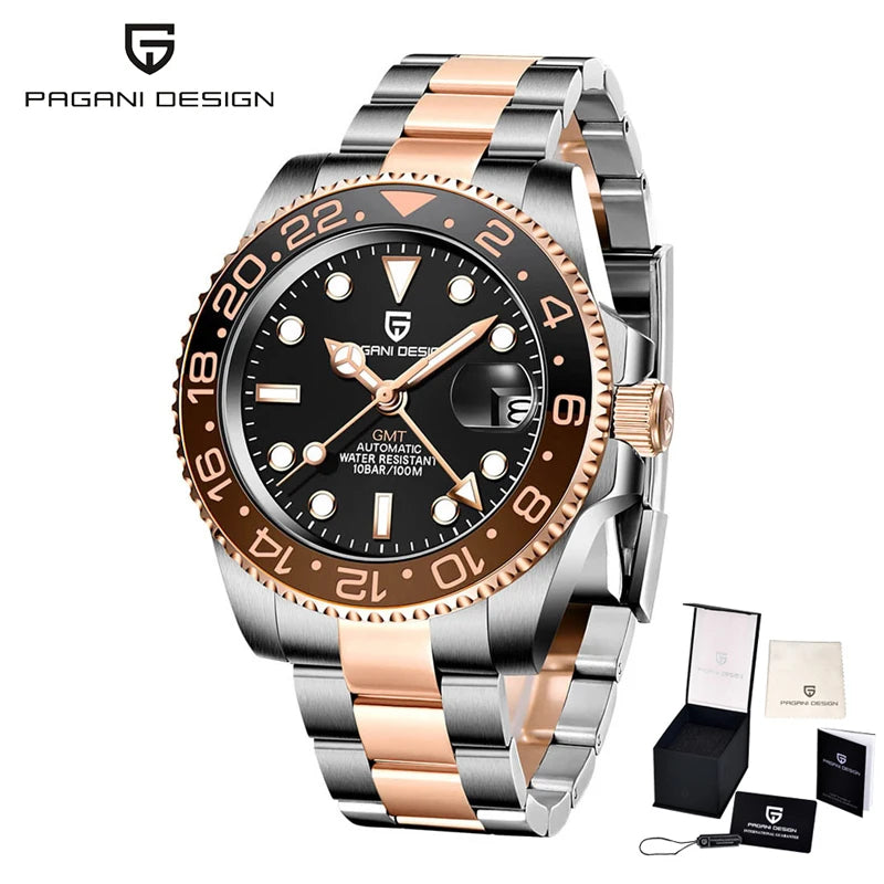 PAGANI DESIGN 40mm Reloj mecánico de lujo para hombre, reloj GMT de acero inoxidable, marca de alta gama, cristal de zafiro, relojes para hombre