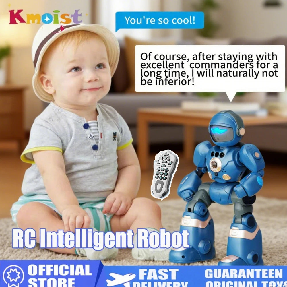 Robot infantil azul con visor y mando a distancia, con diseño tipo animal mecánico