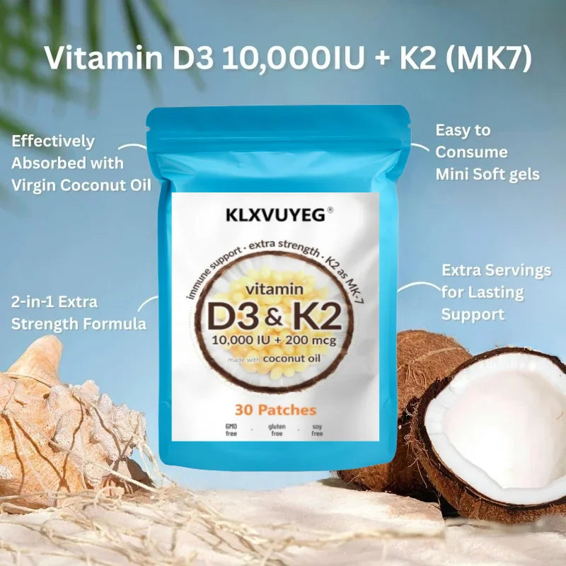 Vitamina D3 10000 UI Plus K2 |   Complejo de vitaminas D y K 2 en 1 |   Apoya la Absorción del Calcio, la Salud Ósea, Inmunitaria y del Corazón, 30 piezas