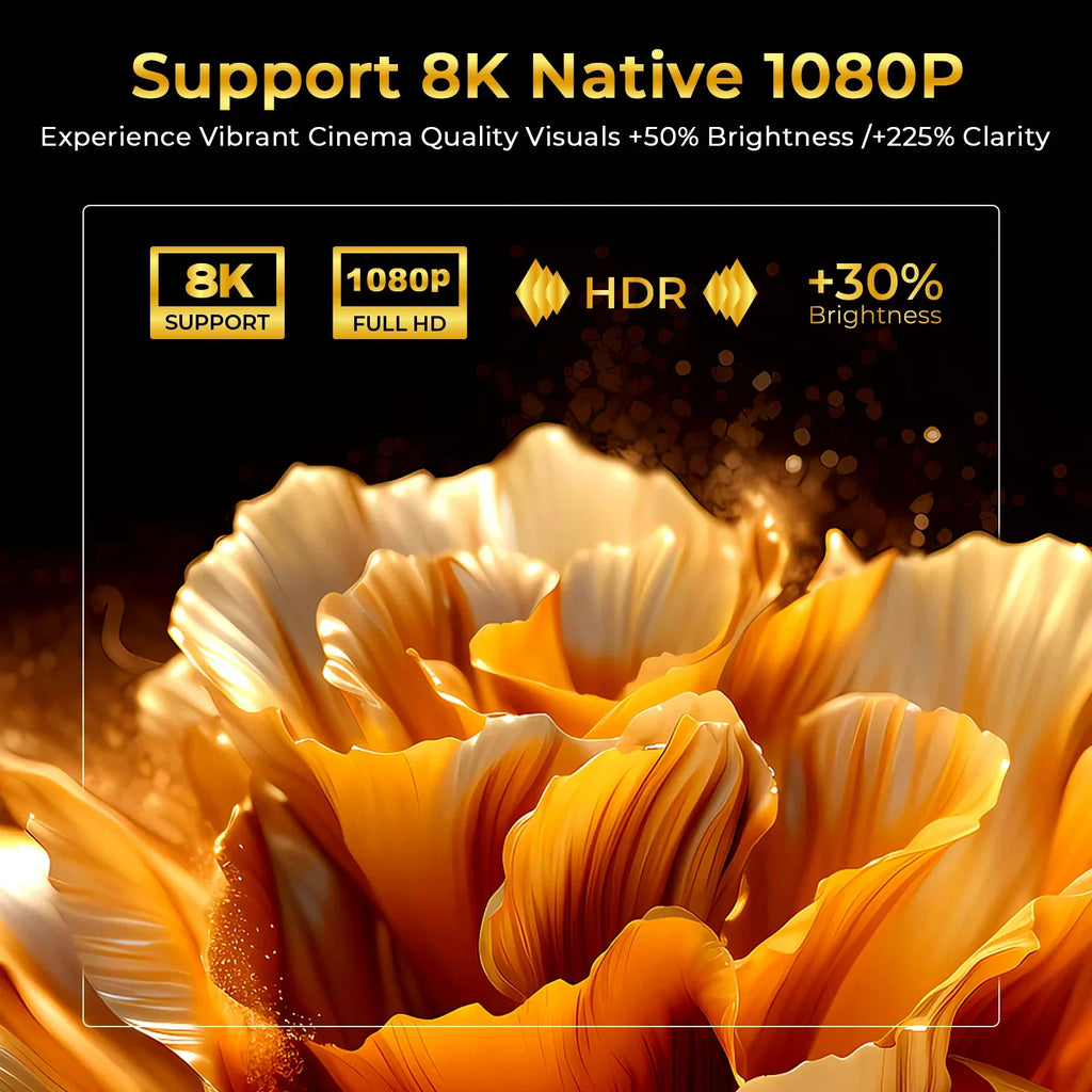 Proyector con imagen de flor dorada en pantalla; soporte 8K nativo y HDR