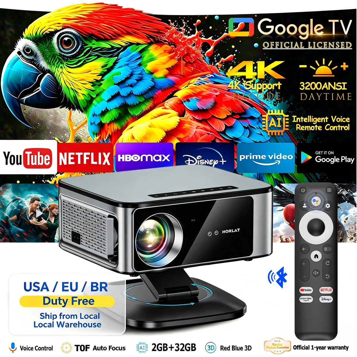 Proyector portátil negro con lente y base, acompañado de control remoto.