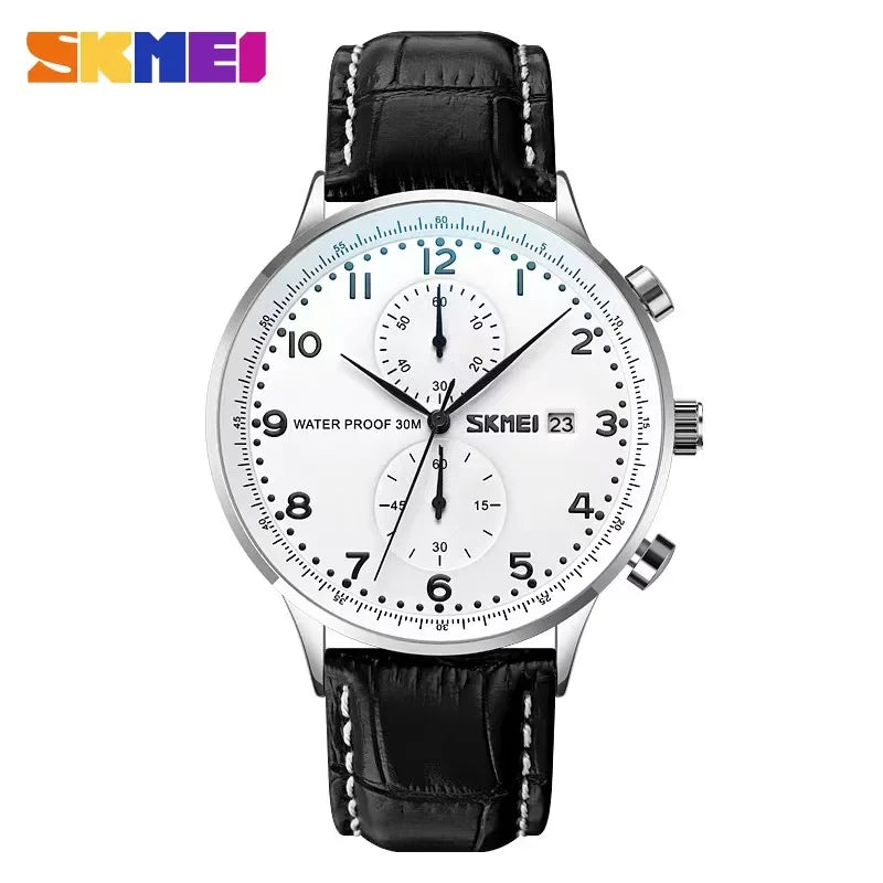 Reloj de pulsera SKMEI 9301 para hombre, de marca de lujo, con correa de cuero auténtico, resistente al agua, con fecha, cronómetro y movimiento de cuarzo.