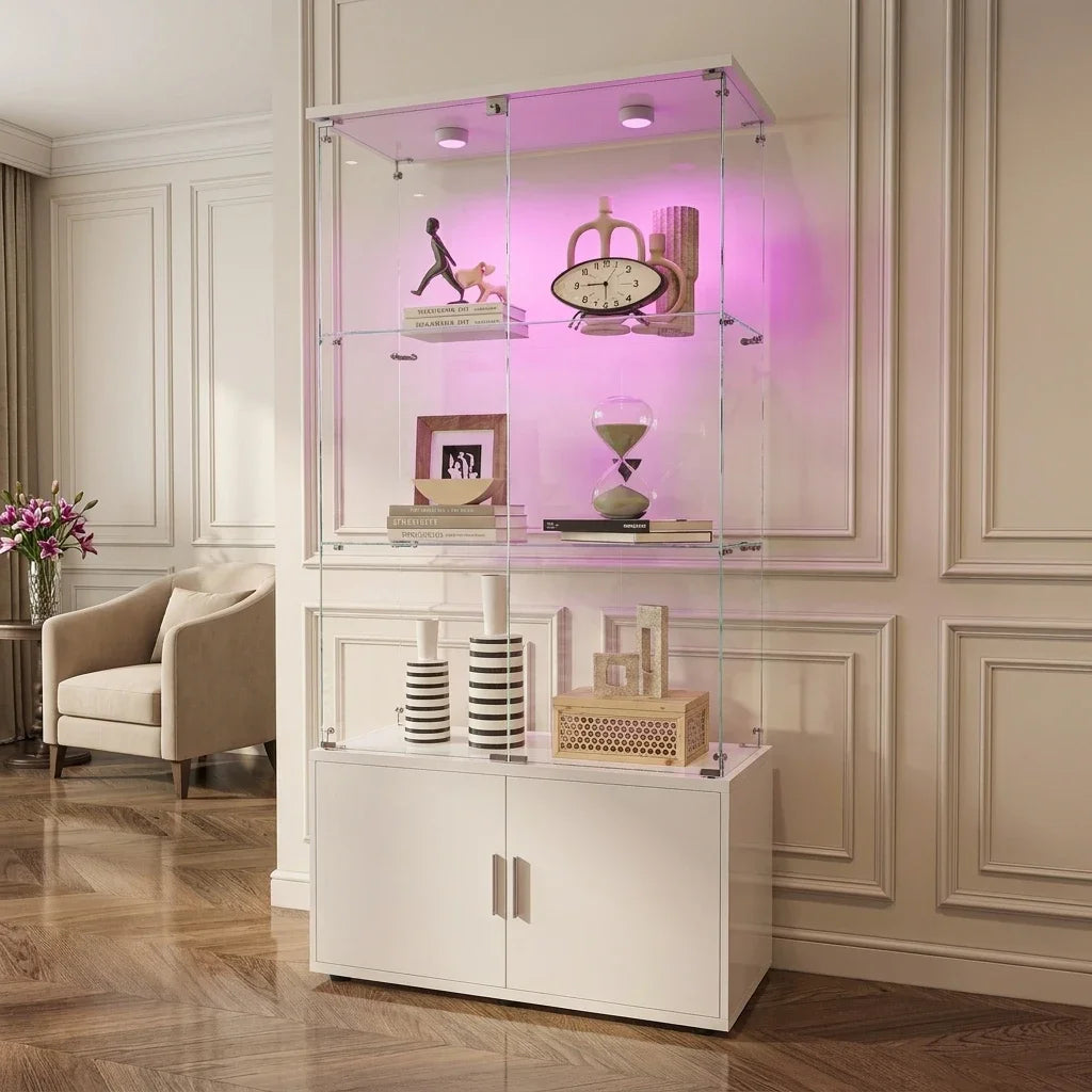 Anajqaqia 78.5cm×35cm×164cm Vitrina de cristal de 3 niveles + 1 armario, mueble bar, vitrina moderna de cristal, con espacio de almacenamiento para objetos de colección, libros, vino, blanco