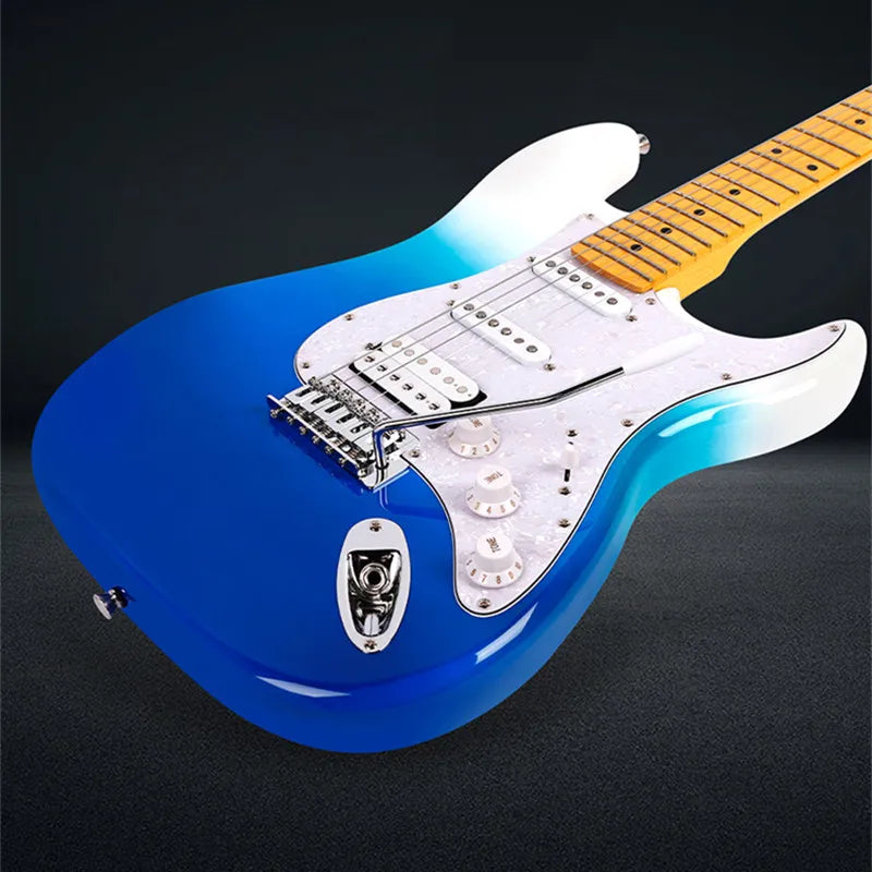 Guitarra Eléctrica Bullfighter Factory Azul Rosa Roja de 22 Trastes con Cuerpo de Álamo Sólido, Mástil de Arce, Cuerdas y Puente Cromado Vintage