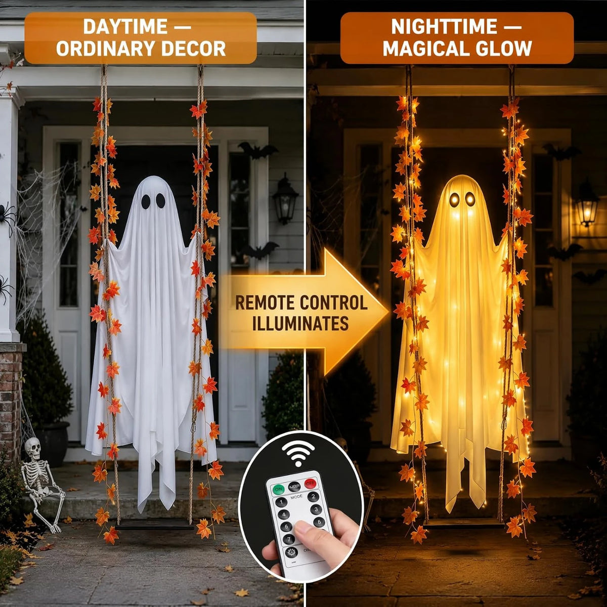 Fantasma columpio colgante luminoso de Halloween, fantasma volador ajustable en brillo, adorno para jardín, con control remoto LED